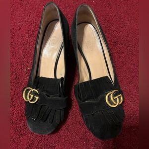GUCCI MARMONT SZ 39 BLUE SUEDE SHOES NEEDS REPAIR GUC HEELS FRINGE GOLD GG